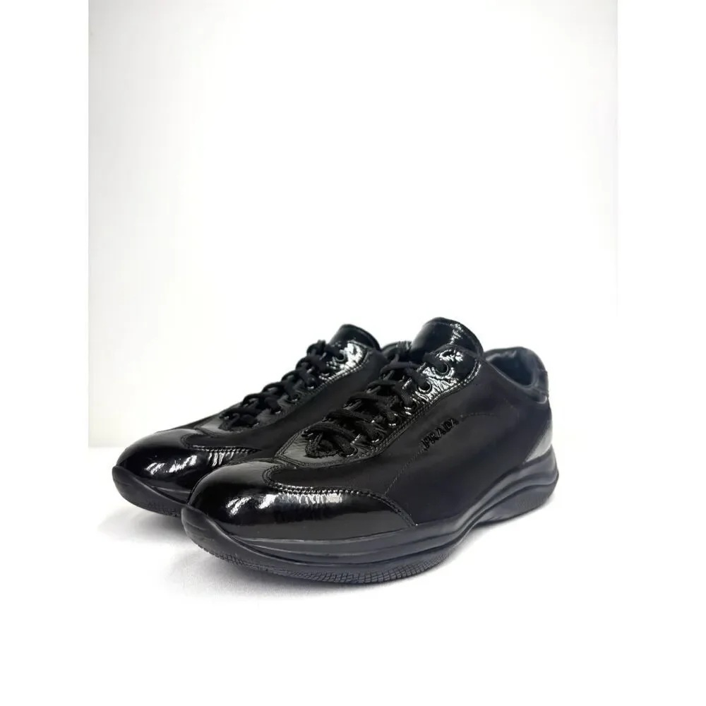 Prada Calzature Donna Black Patent Leather Sneaker Nylon Laces Vintage Women 38 - Picture 3 of 7